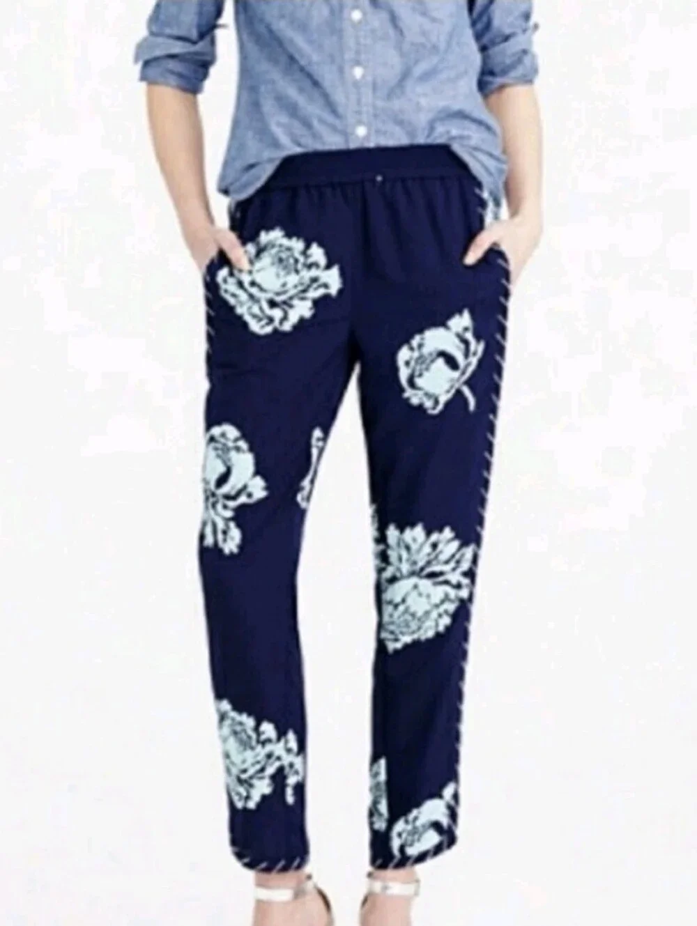 J. Crew Pull On Reese Pants Lined Navy Blue Floral Peony Women's Size 8